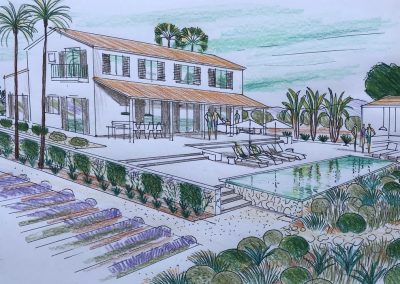 rondos bau hochwertige Luxusimmobilien Skizze Terrasse mit Pool und Immobilienansicht